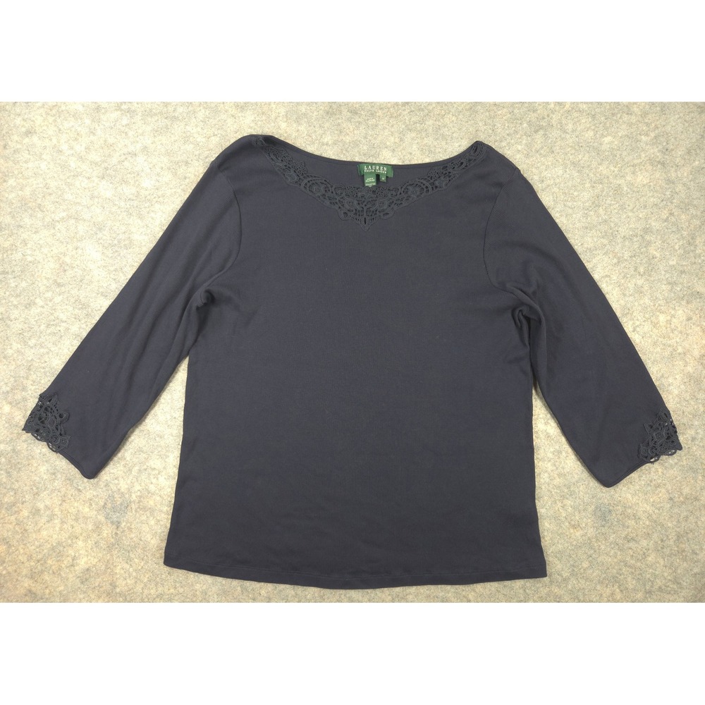 Lauren Ralph Lauren Navy Blue Crochet Lace Trim Ribbed Cotton Top 2X 3/4 Sleeve